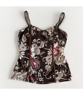 Y2K My Michelle Brown Pink Floral Corset Cami Top XL Built In Bra Fairycore